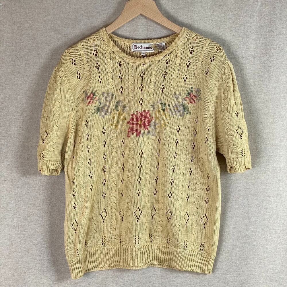 Vtg Bechamel Womens Floral Knit Sweater Size L Cottagecore Grandma Embroidered